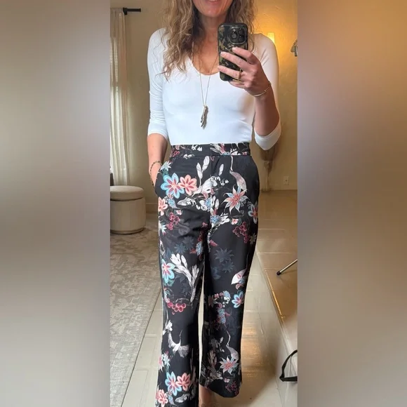 H&M Crane Print Satin Wide Leg Trousers High Waist Floral Size 6 - Picture 3 of 12